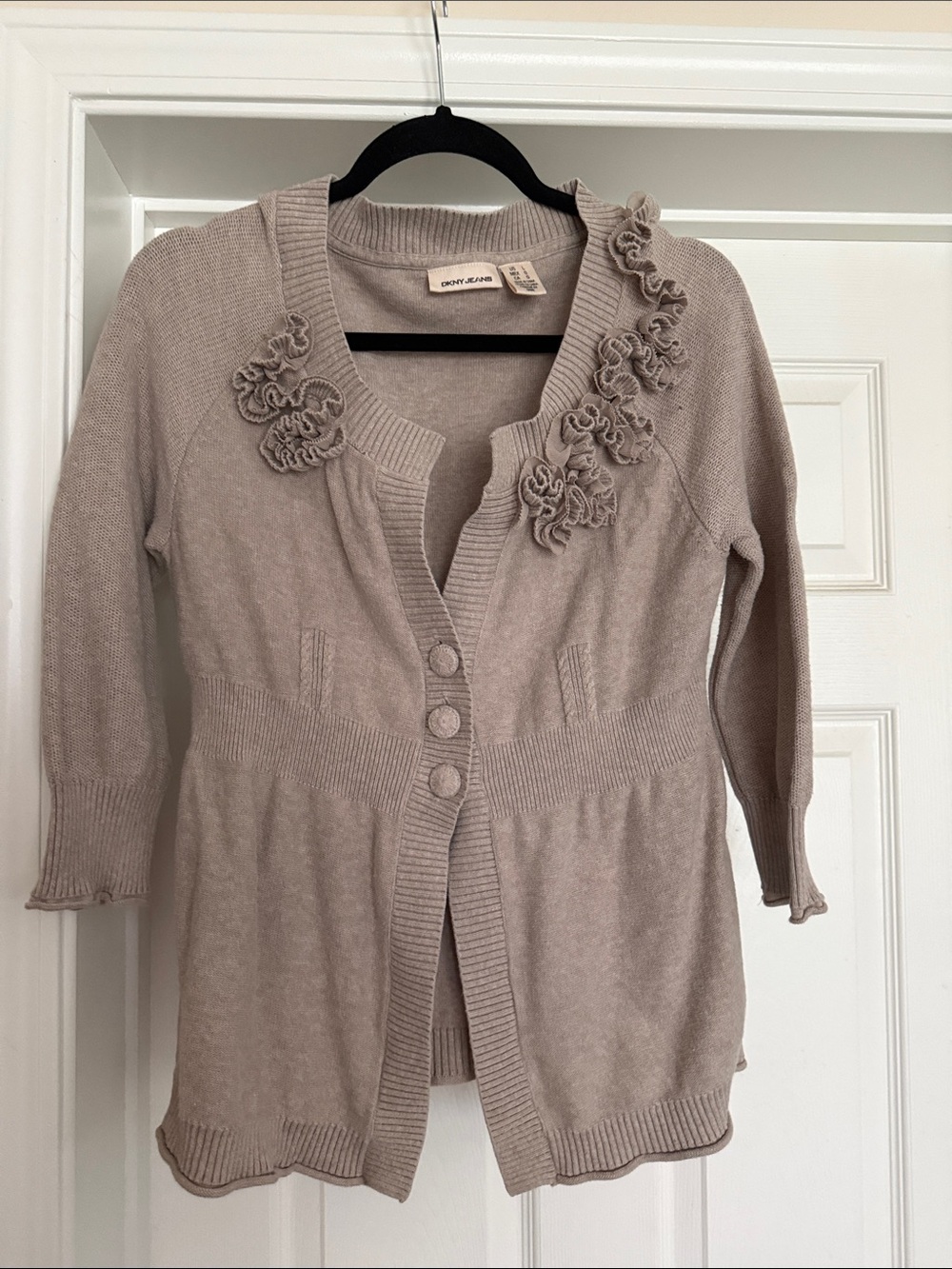 Dkny Taupe Ruffle-Trim Button-Front Cardigan